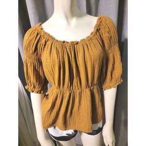 Puff Sleeve Caramel Brown Shirred Cotton Babydoll Blouse SZ M Milkmaid Old Navy